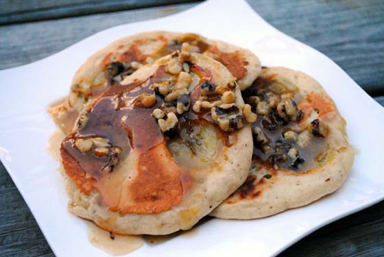 Banana Pancakes with Toffee Walnut Sauce