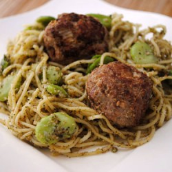 Turkey Pancetta Meatballs over Pasta with Mint Pesto & Fava Beans