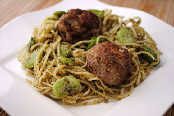 Turkey Pancetta Meatballs over Pasta with Mint Pesto & Fava Beans