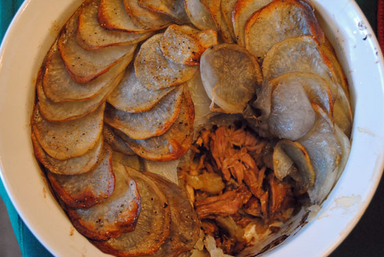 Braised Ribs, Stout, and Potato Pot Pie with filling showing