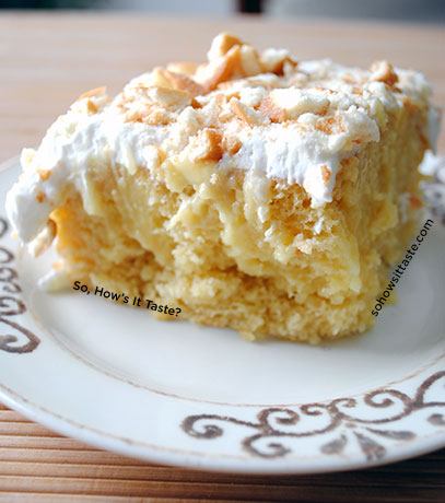 Banana Pudding Poke Cake Slice by So, How's It Taste