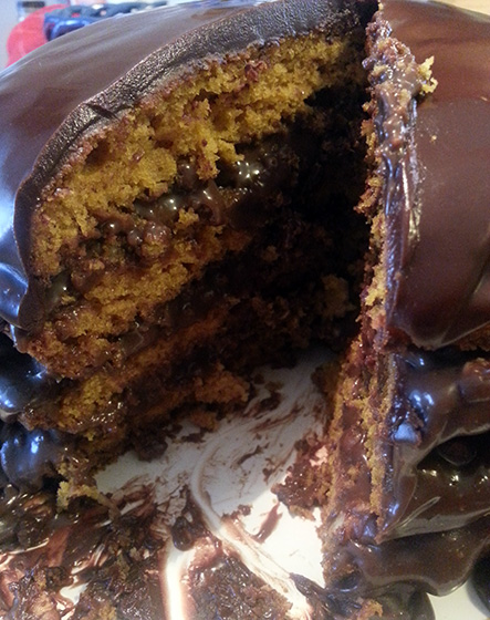 Pumpkin Spice Cake with Chocolate Pecan Filling by So, How's It Taste?