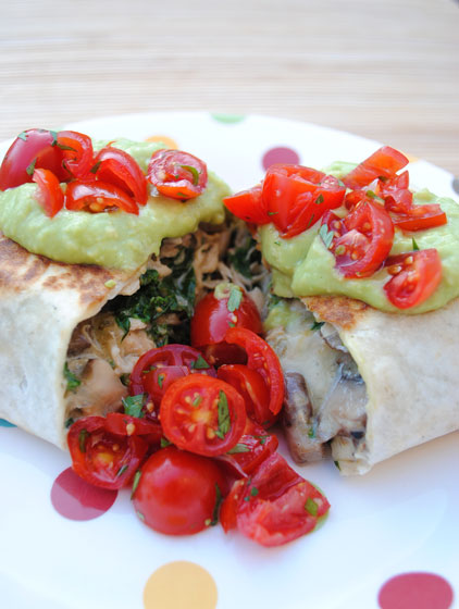 Chicken, Kale, and Mushroom Chimichangas