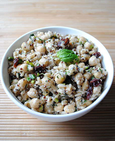 Warm Brown Rice Chickpea Salad with Cherries and Goat Cheese