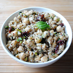 Warm Brown Rice and Chickpea Salad with Cherries and Goat Cheese