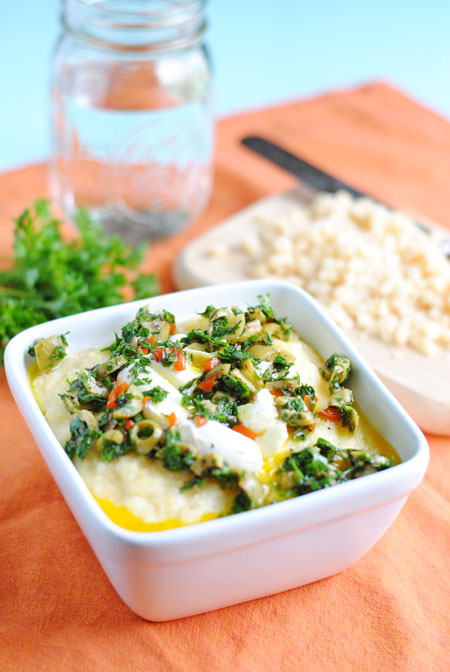 Poached Egg over Polenta with Olive-Herb Pesto