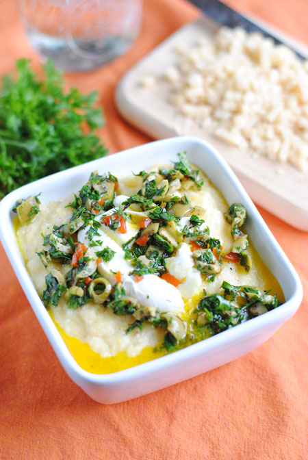 Poached Egg over Polenta with Olive-Herb Pesto