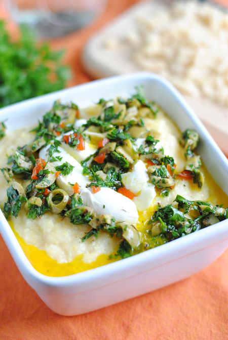 Poached Egg over Polenta with Olive-Herb Pesto