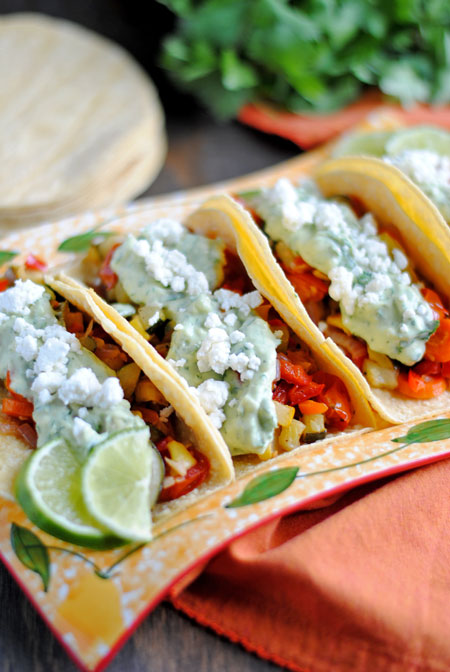 Roasted Veggie Tacos with Avocado Cream