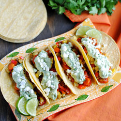 Roasted Veggie Tacos with Avocado Cream