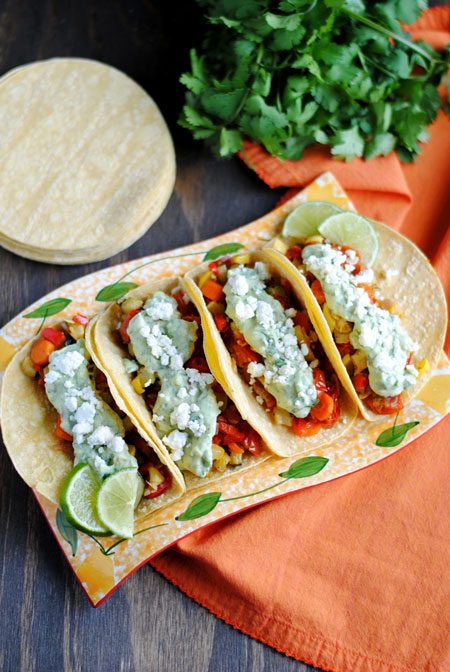 Roasted Veggie Tacos with Avocado Cream