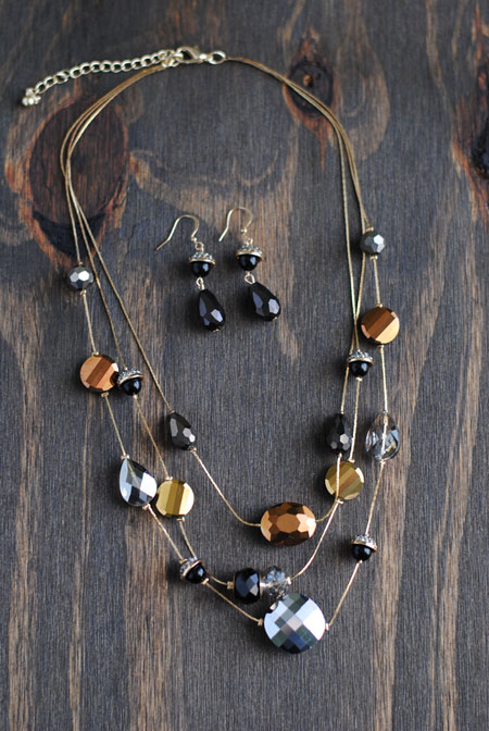 Black & Gold Bead Necklace with Earrings