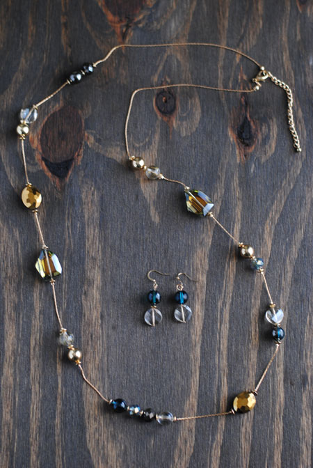 Blue & Gold Bead Necklace with Earrings