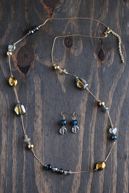 Blue & Gold Bead Necklace with Earrings