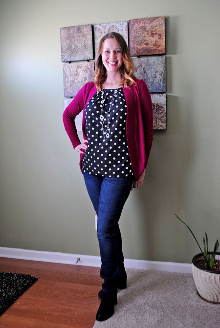 Cardigan with polka dot blouse