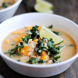 Almond Chicken Soup with Sweet Potato, Kale, & Ginger