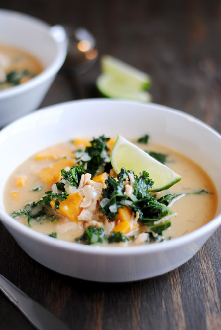 Almond Chicken Soup with Sweet Potato, Kale, & Ginger