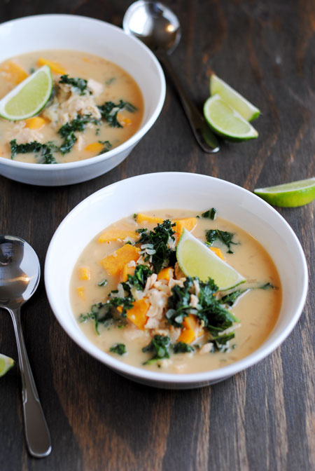 Almond Chicken Soup with Sweet Potato, Kale, & Ginger