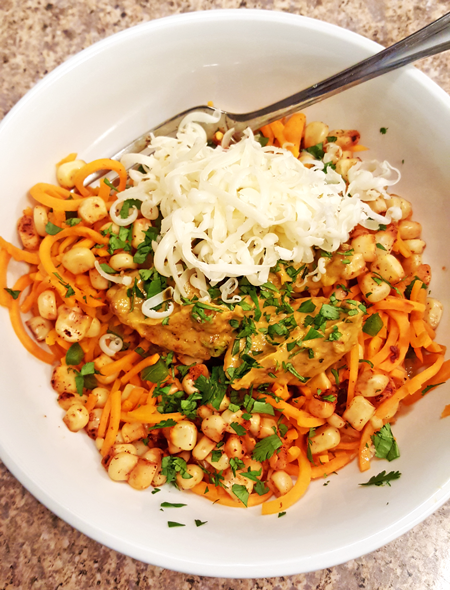 Mexican Street Corn Sweet Potatoes with Creamy Chipotle Avocado Sauce